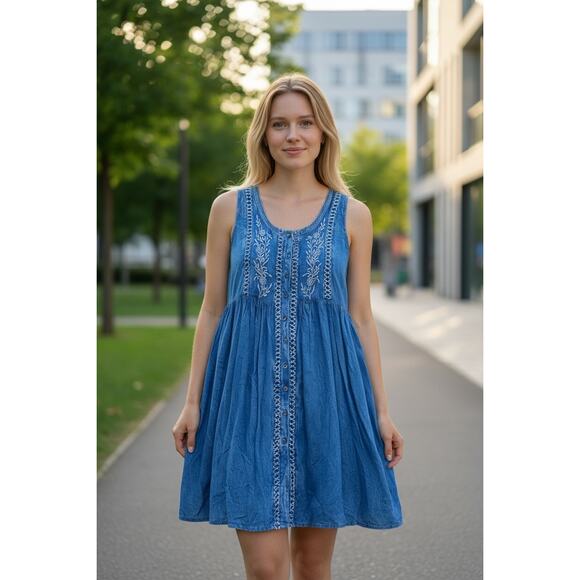 raya sun Women's Rayon Blend Sundress Blue Embroidered Button Front Size M - Picture 1 of 7